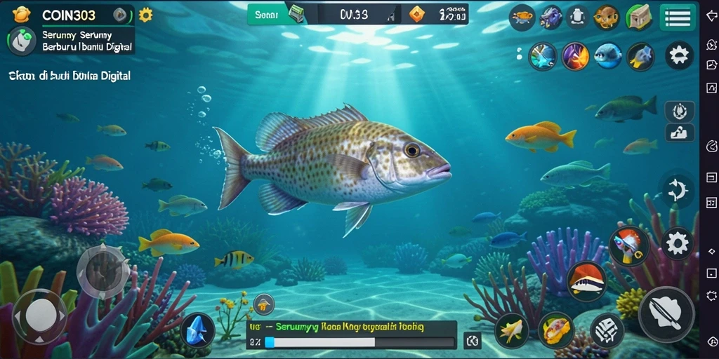 Tampilan gameplay COIN303 saat menangkap ikan di lokasi yang indah.