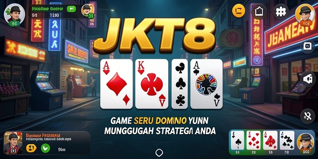 Screenshot utama JKT8 menunjukkan keseruan gameplay Domino yang interaktif.