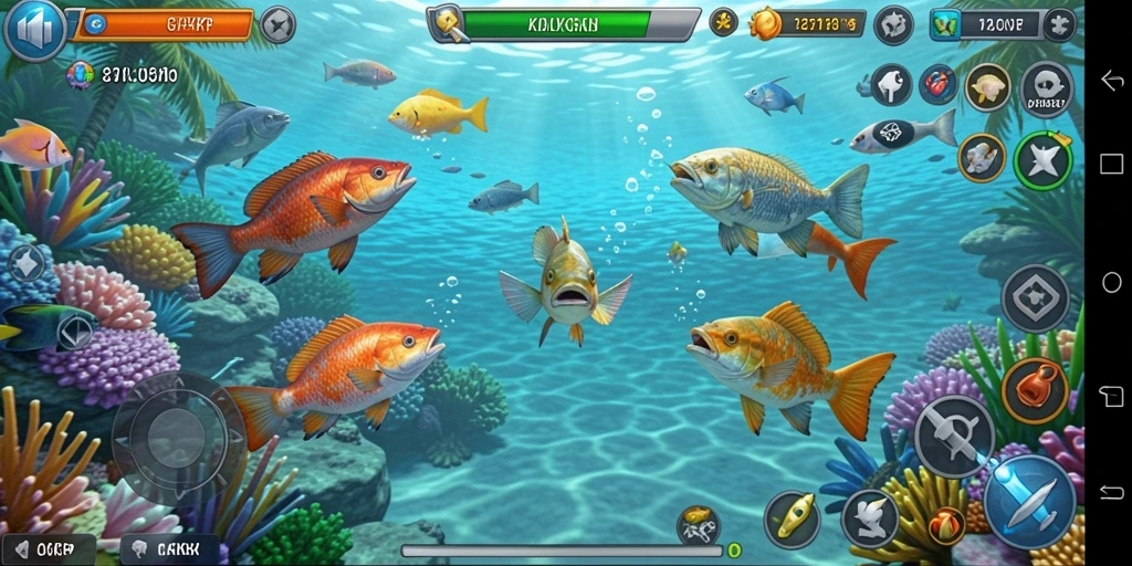 Screenshot utama gameplay KAKRP menampilkan aksi menembak ikan yang seru.